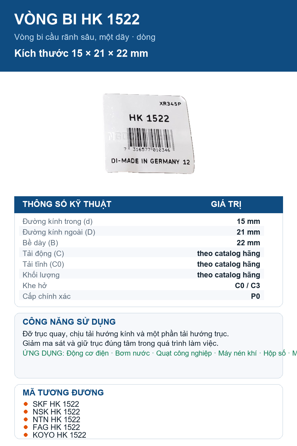 Vòng bi SKF HK 1522 15x21x22mm — Ảnh thông số (Pinterest)