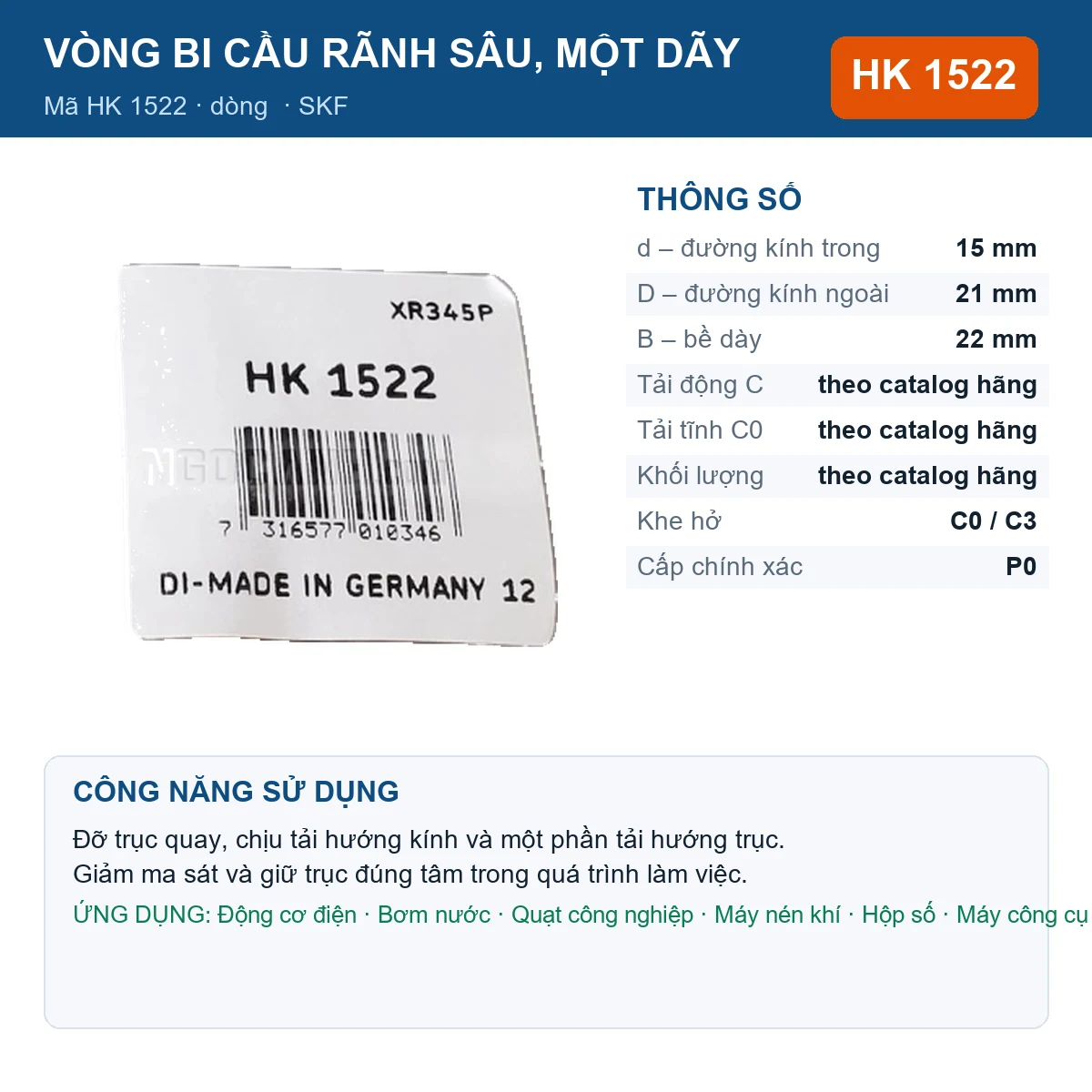 Vòng bi SKF HK 1522 15x21x22mm — Ảnh đăng sản phẩm (web)