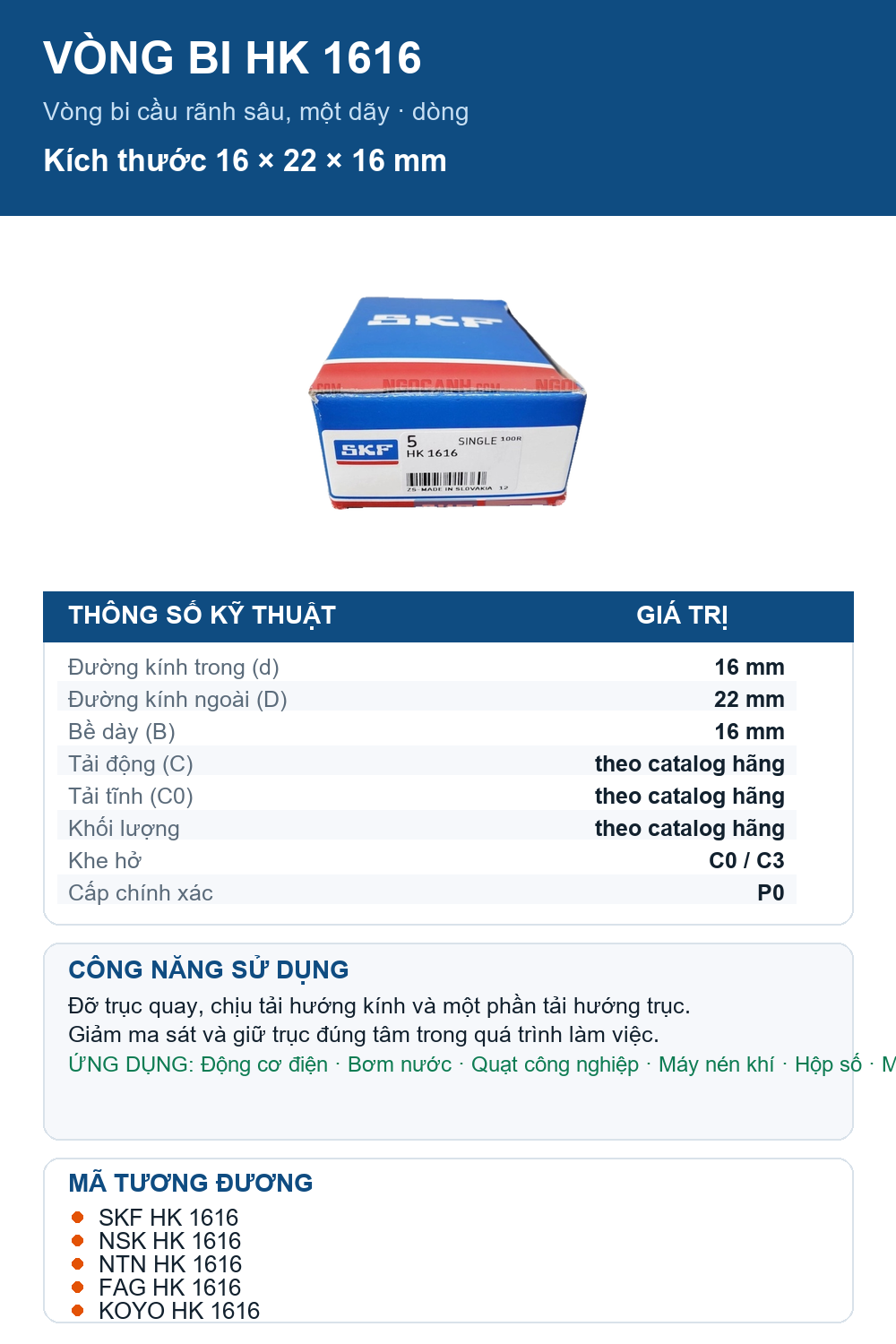 Vòng bi SKF HK 1616 16x22x16mm — Ảnh thông số (Pinterest)