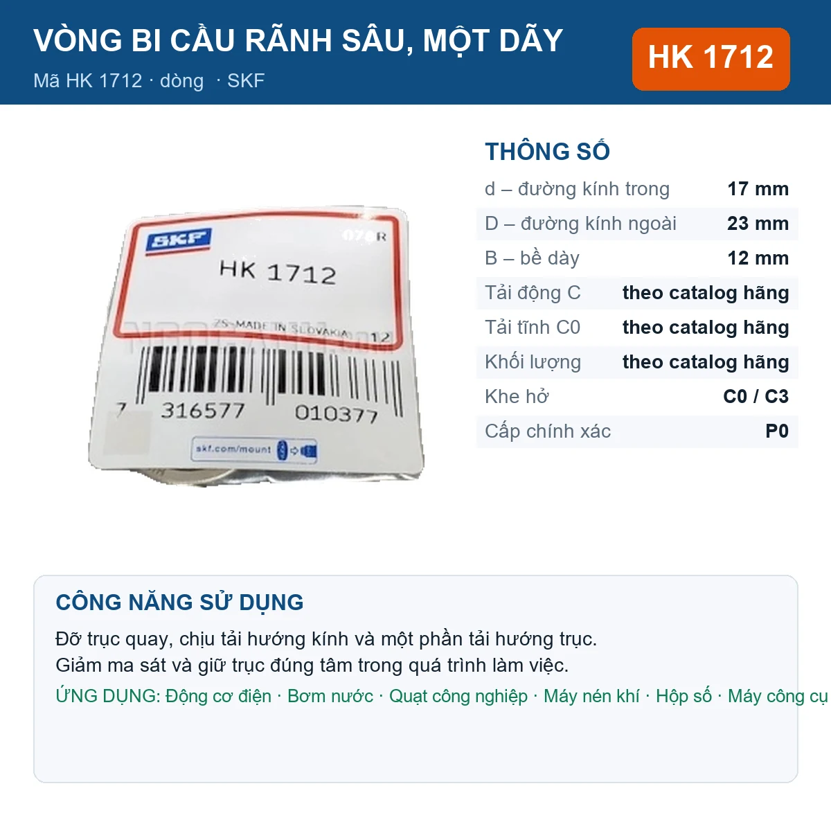 Vòng bi SKF HK 1712 — kích thước 17x23x12mm