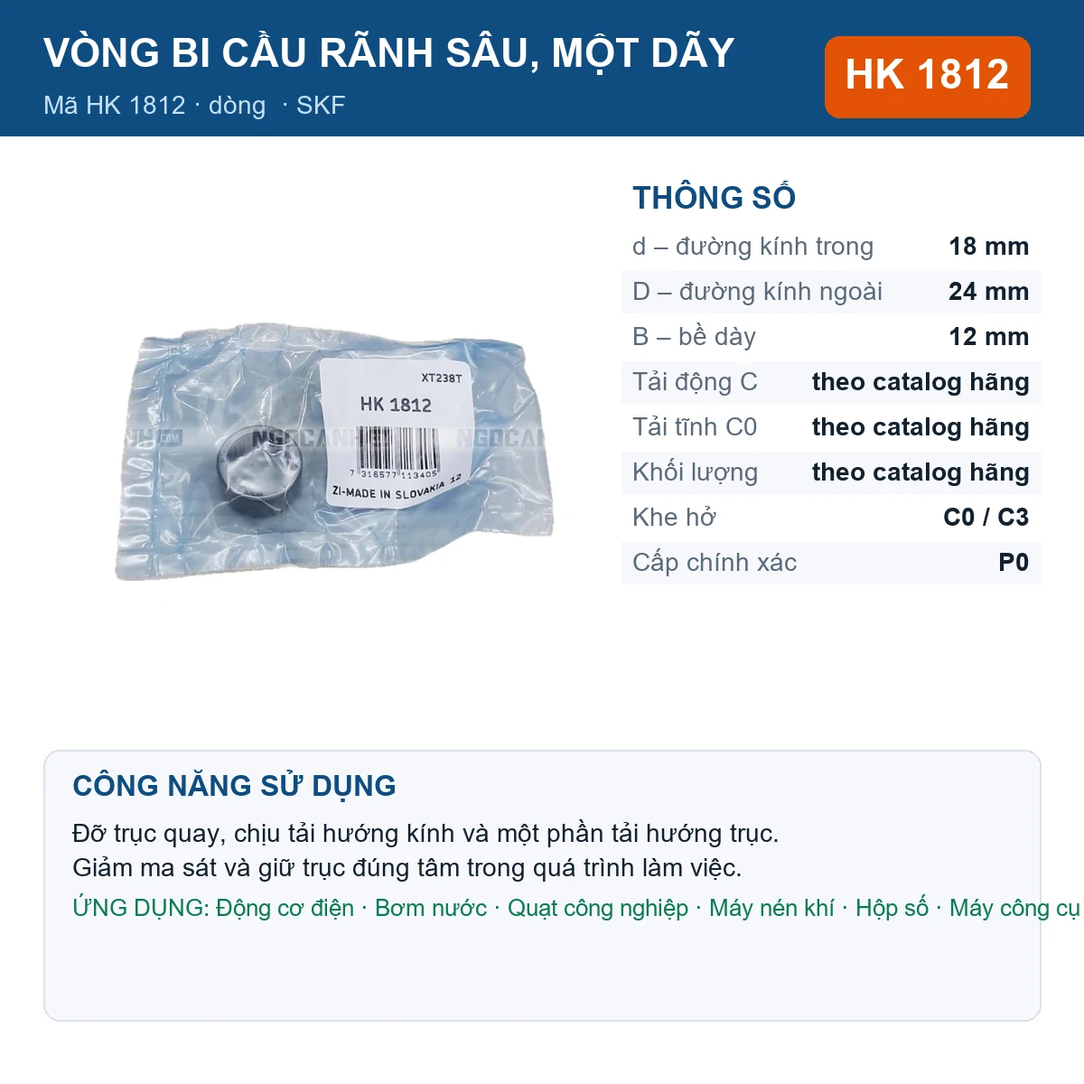 Vòng bi SKF HK 1812 — kích thước 18x24x12mm