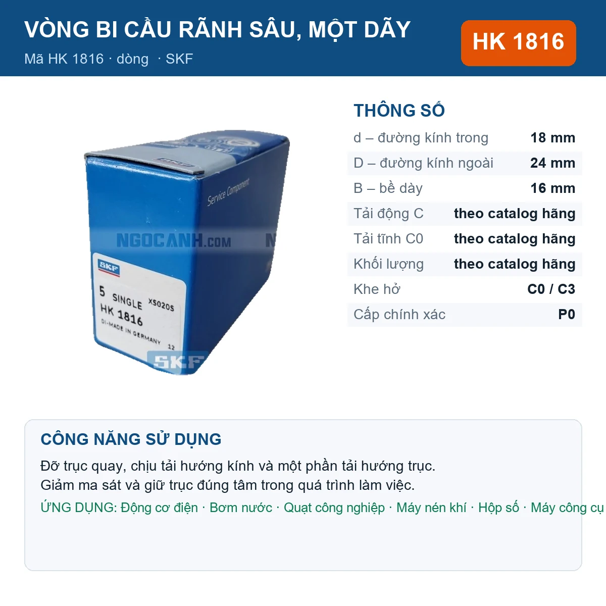 Vòng bi SKF HK 1816 — kích thước 18x24x16mm