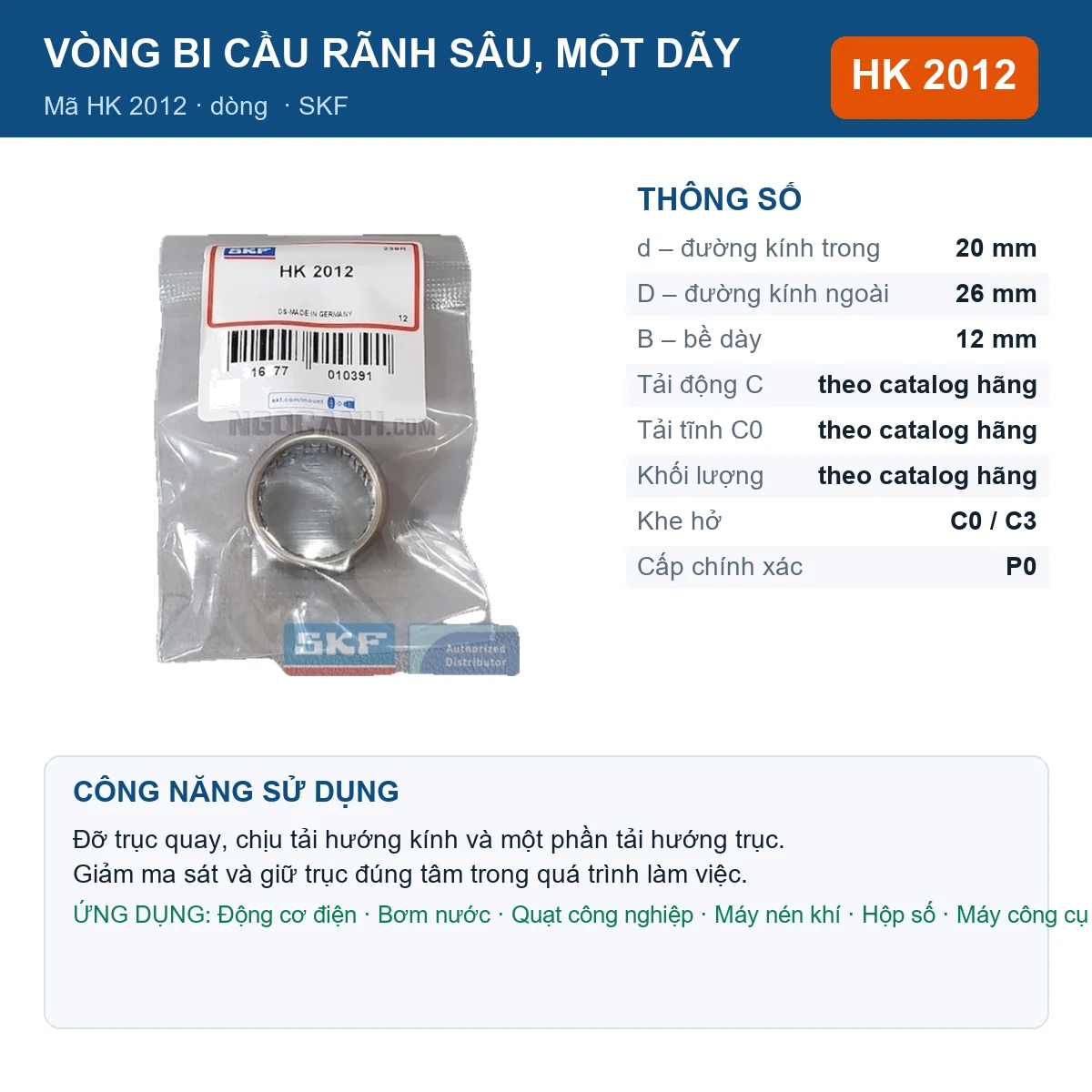 Vòng bi SKF HK 2012 20x26x12mm — Ảnh đăng sản phẩm (web)