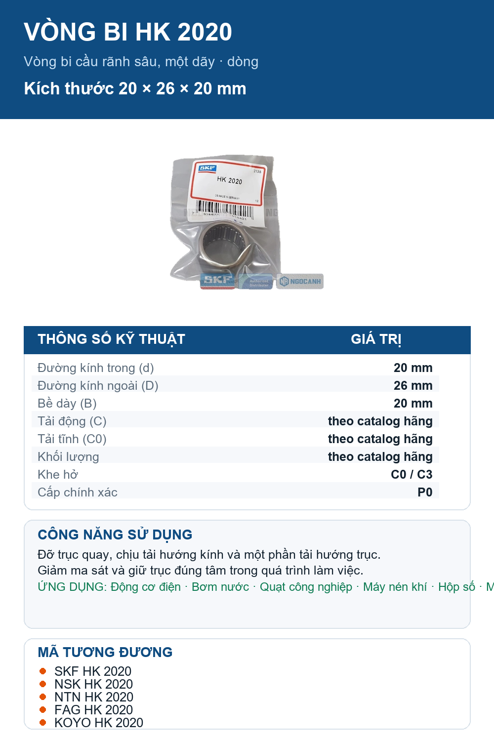 Vòng bi SKF HK 2020 20x26x20mm — Ảnh thông số (Pinterest)