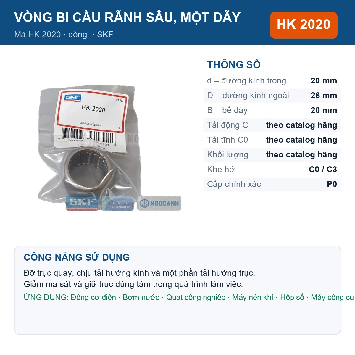Vòng bi SKF HK 2020 — kích thước 20x26x20mm