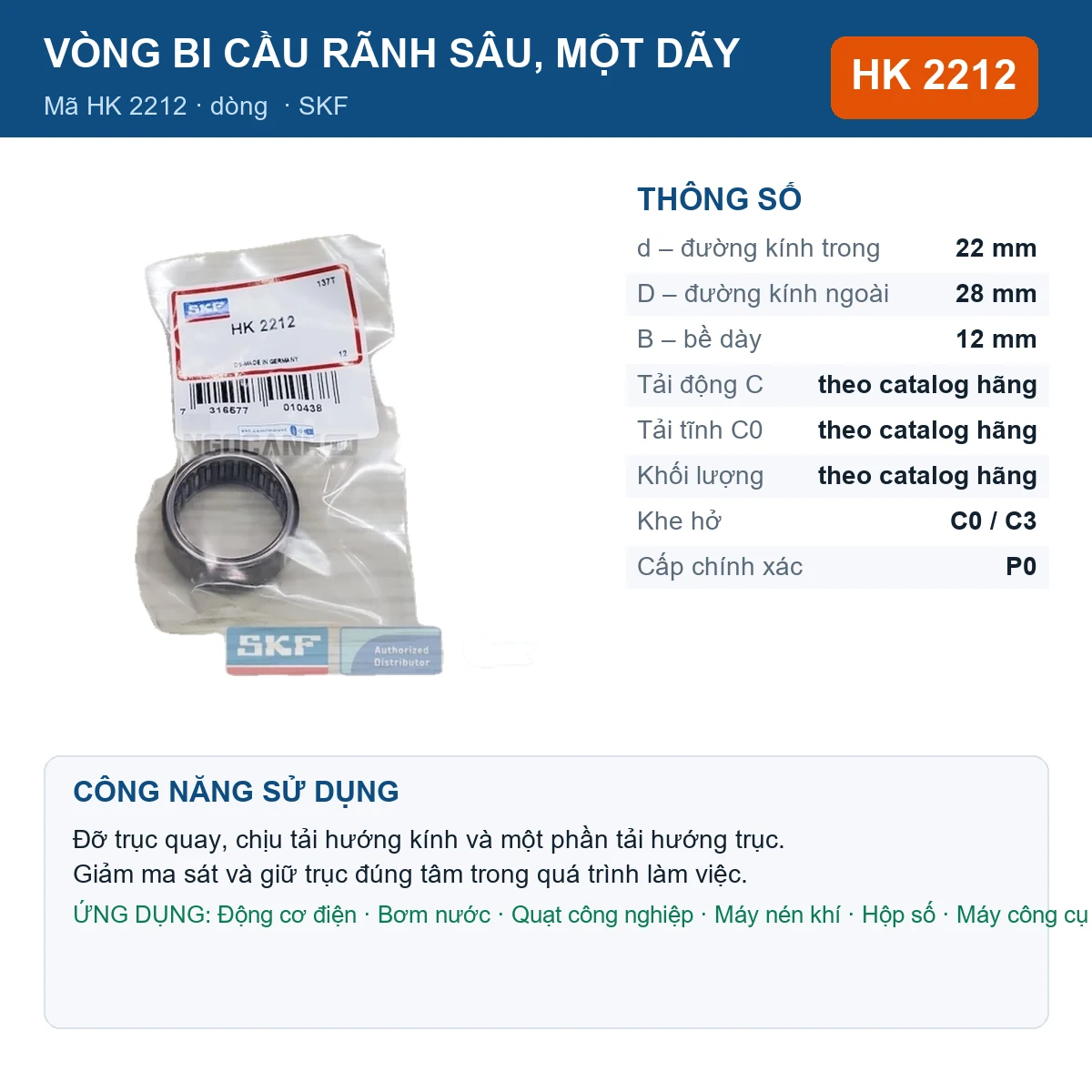 Vòng bi SKF HK 2212 22x28x12mm — Ảnh đăng sản phẩm (web)