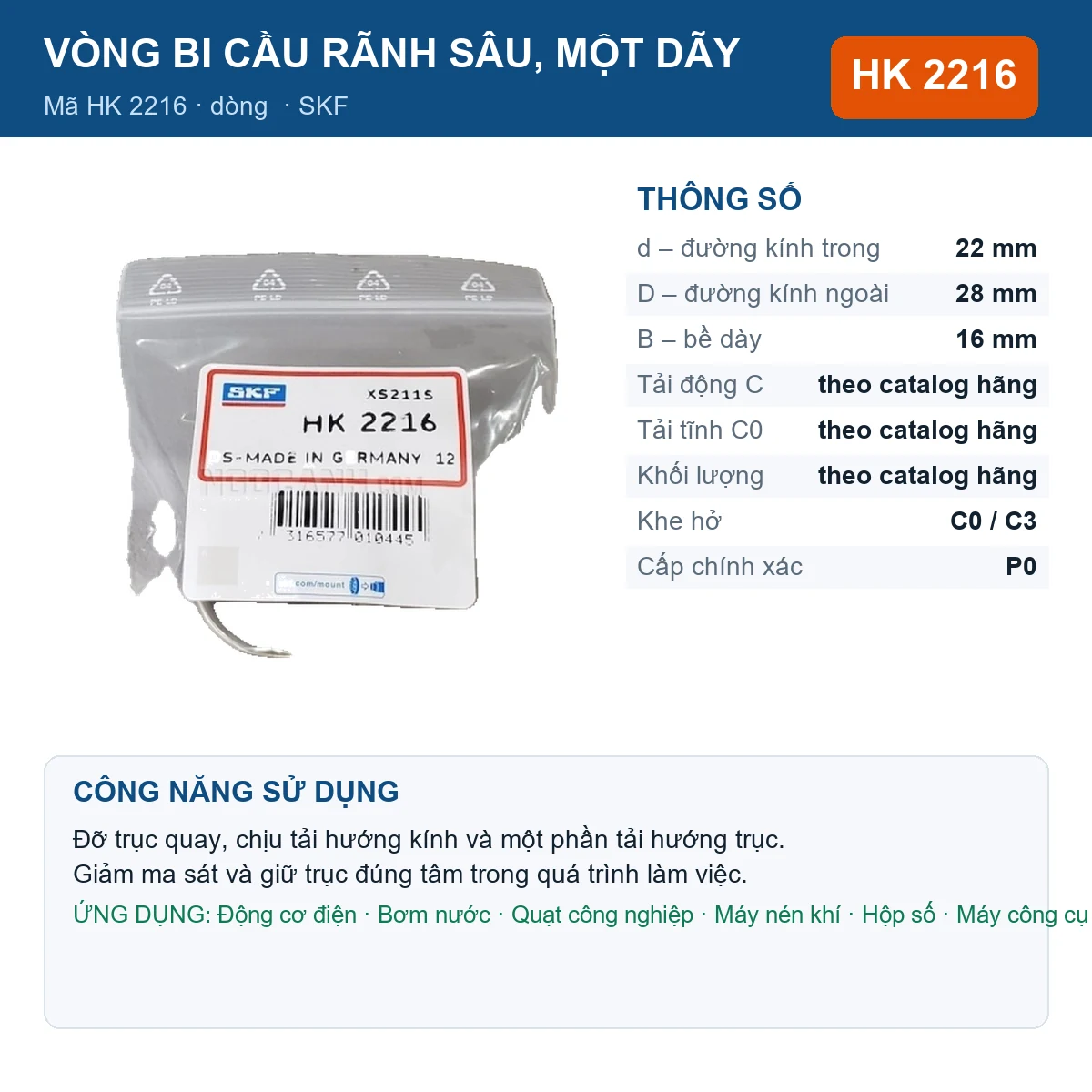 Vòng bi SKF HK 2216 — kích thước 22x28x16mm
