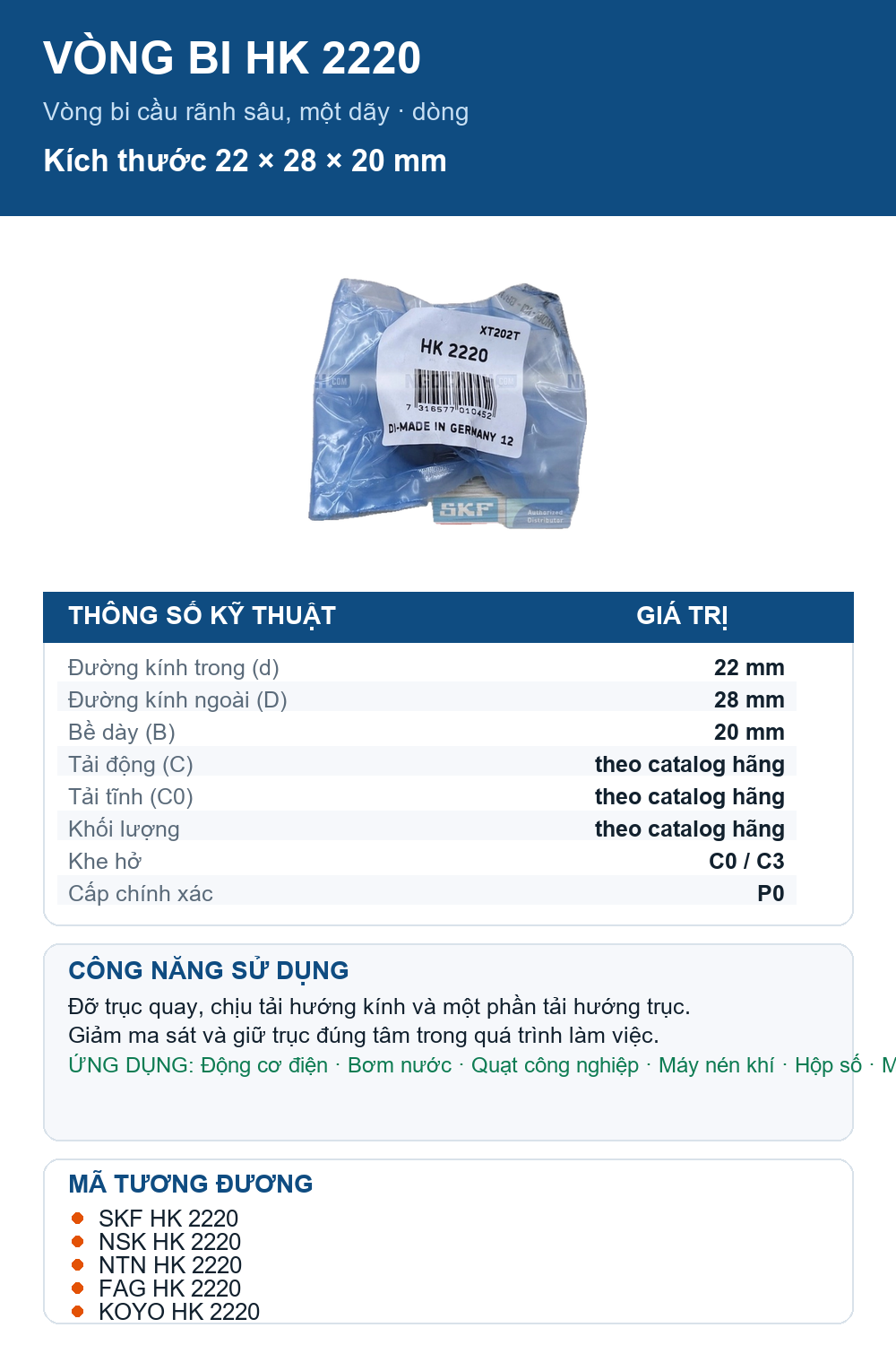 Vòng bi SKF HK 2220 22x28x20mm — Ảnh thông số (Pinterest)