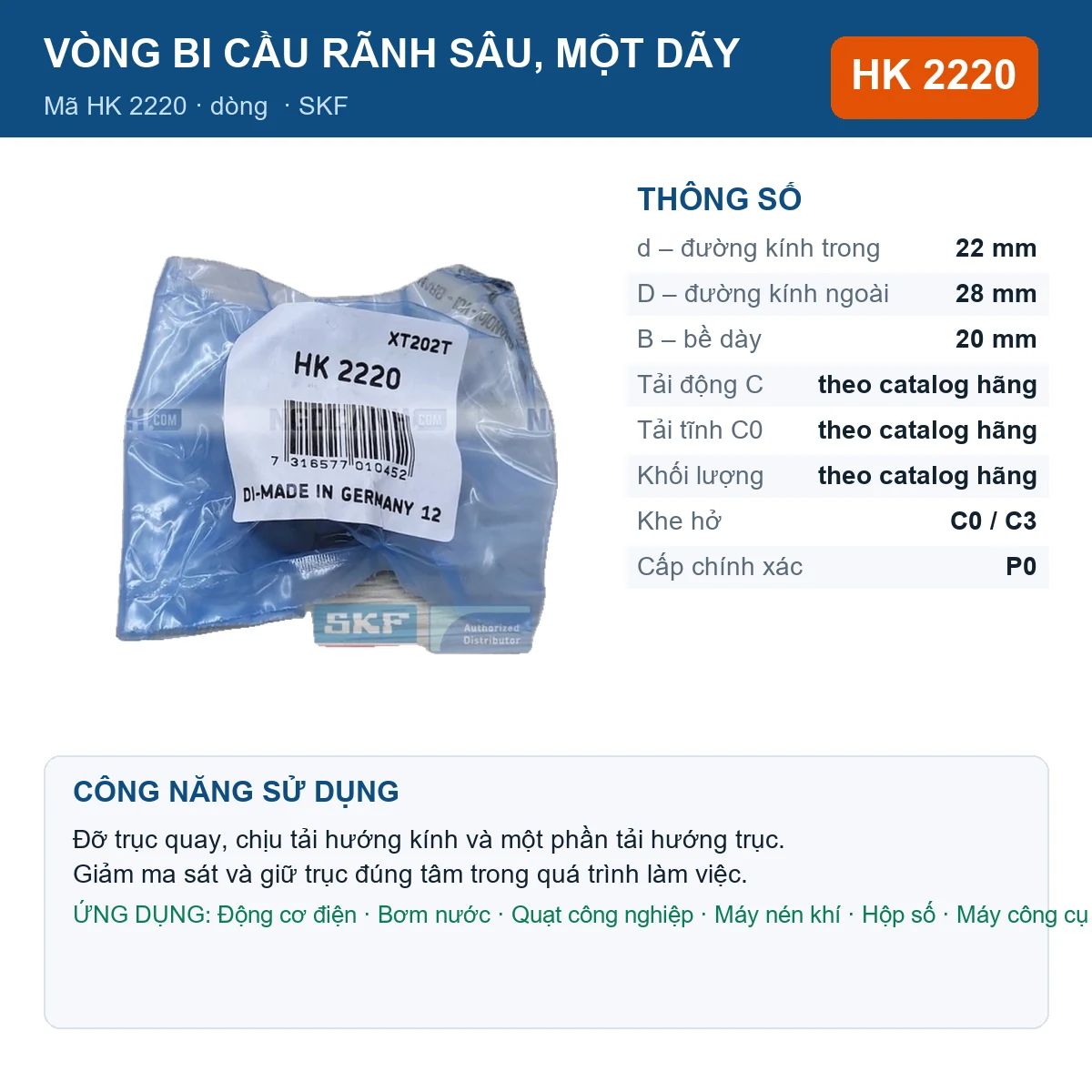 Vòng bi SKF HK 2220 22x28x20mm — Ảnh đăng sản phẩm (web)