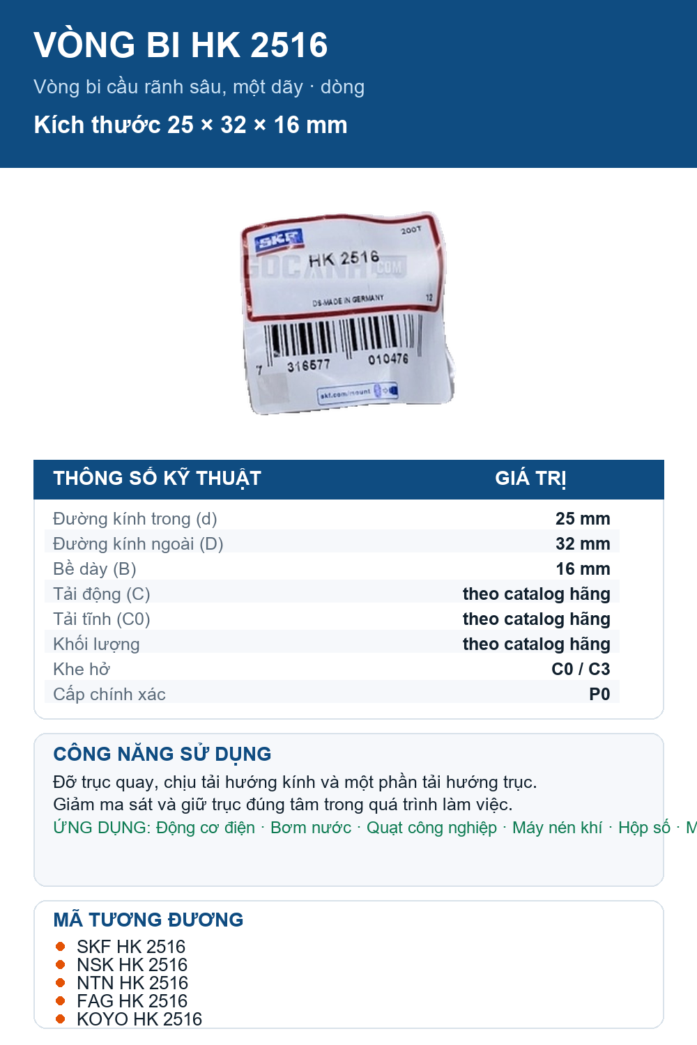 Vòng bi SKF HK 2516 25x32x16mm — Ảnh thông số (Pinterest)