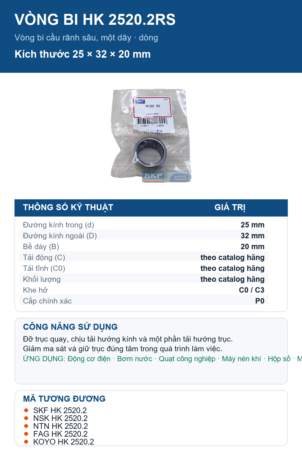 Vòng bi SKF HK 2520.2RS 25x32x20mm — Ảnh thông số (Pinterest)