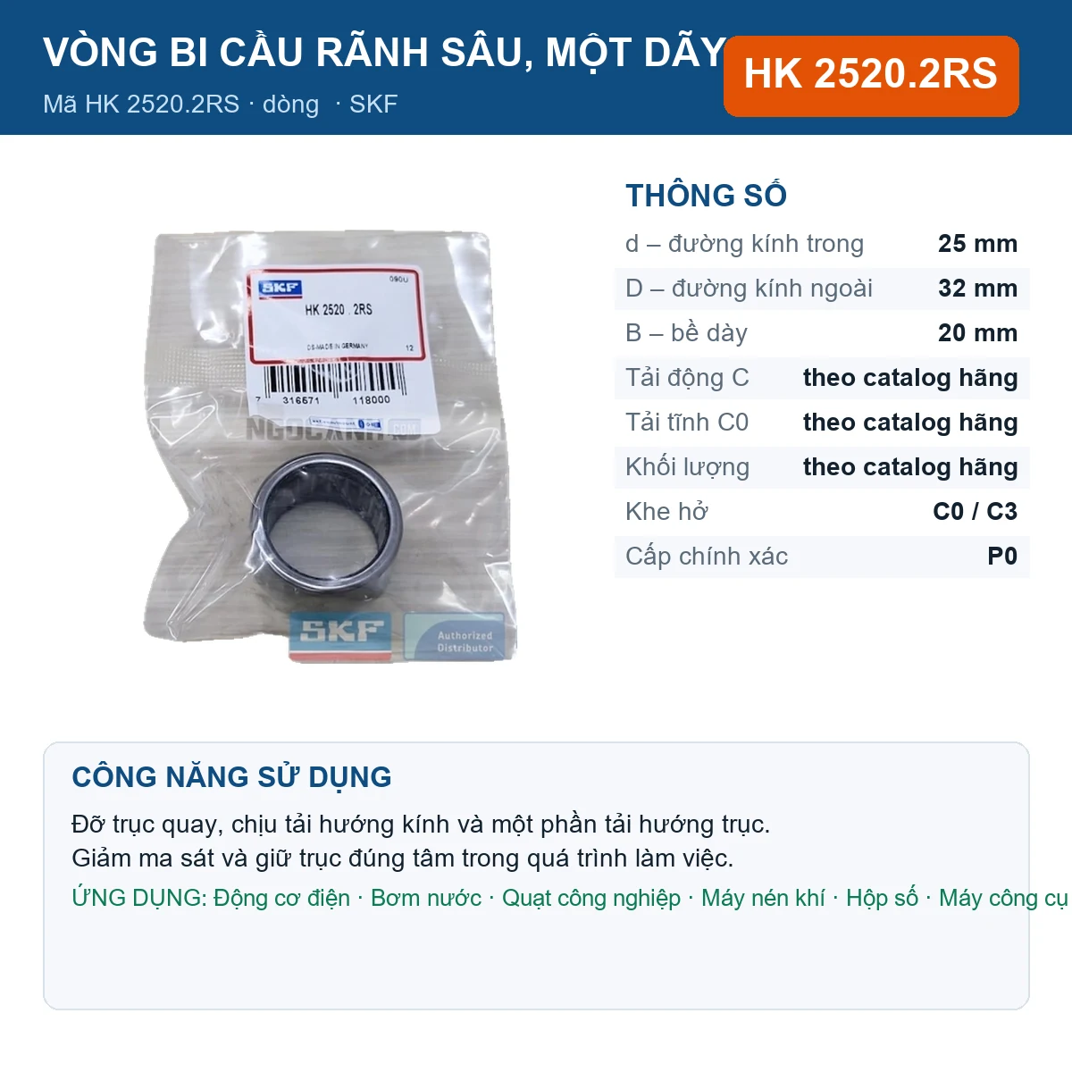 Vòng bi SKF HK 2520.2RS — kích thước 25x32x20mm