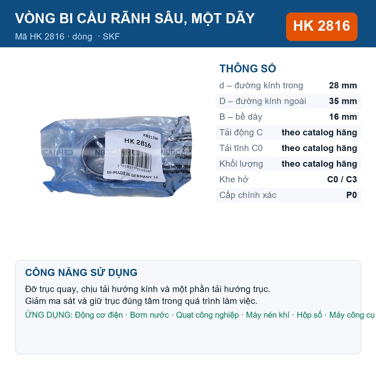 Vòng bi SKF HK 2816 — kích thước 28x35x16mm
