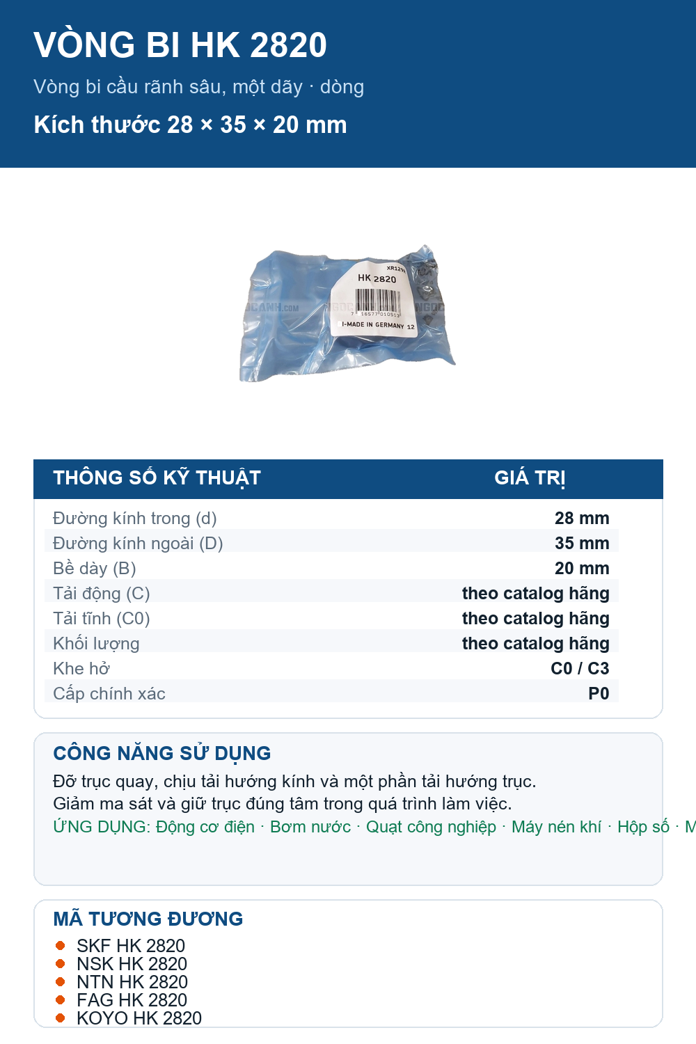 Vòng bi SKF HK 2820 28x35x20mm — Ảnh thông số (Pinterest)