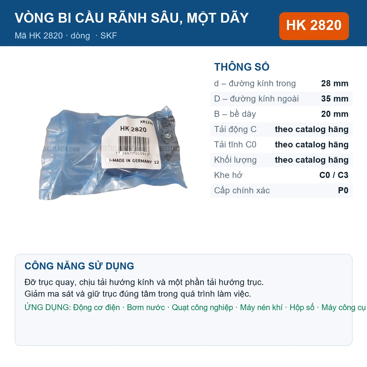 Vòng bi SKF HK 2820 28x35x20mm — Ảnh đăng sản phẩm (web)