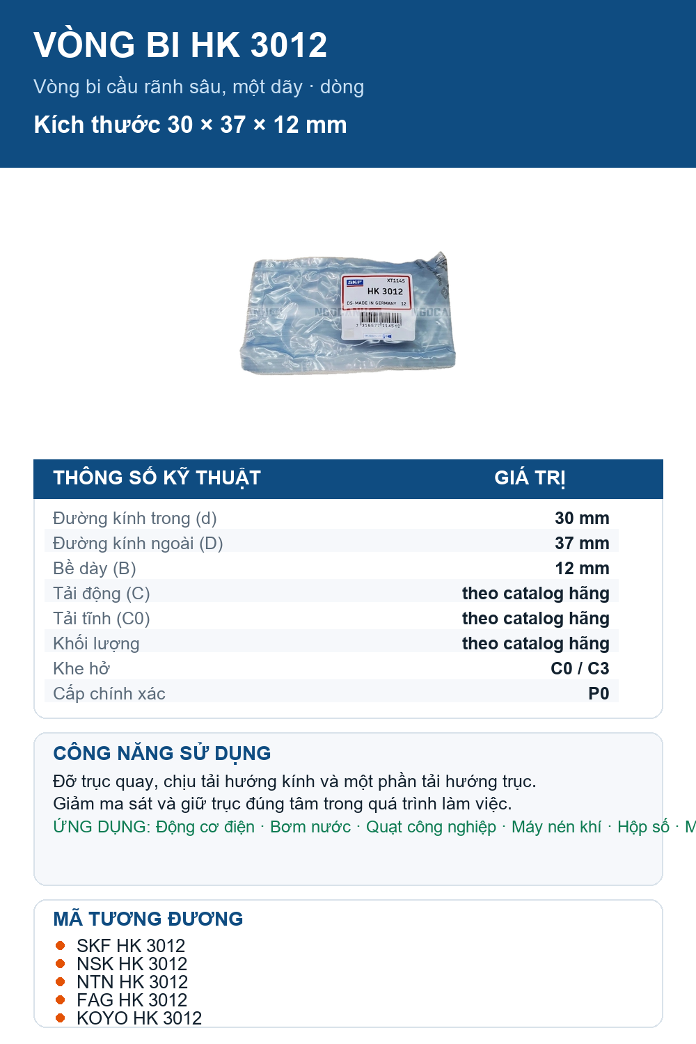Vòng bi SKF HK 3012 30x37x12mm — Ảnh thông số (Pinterest)