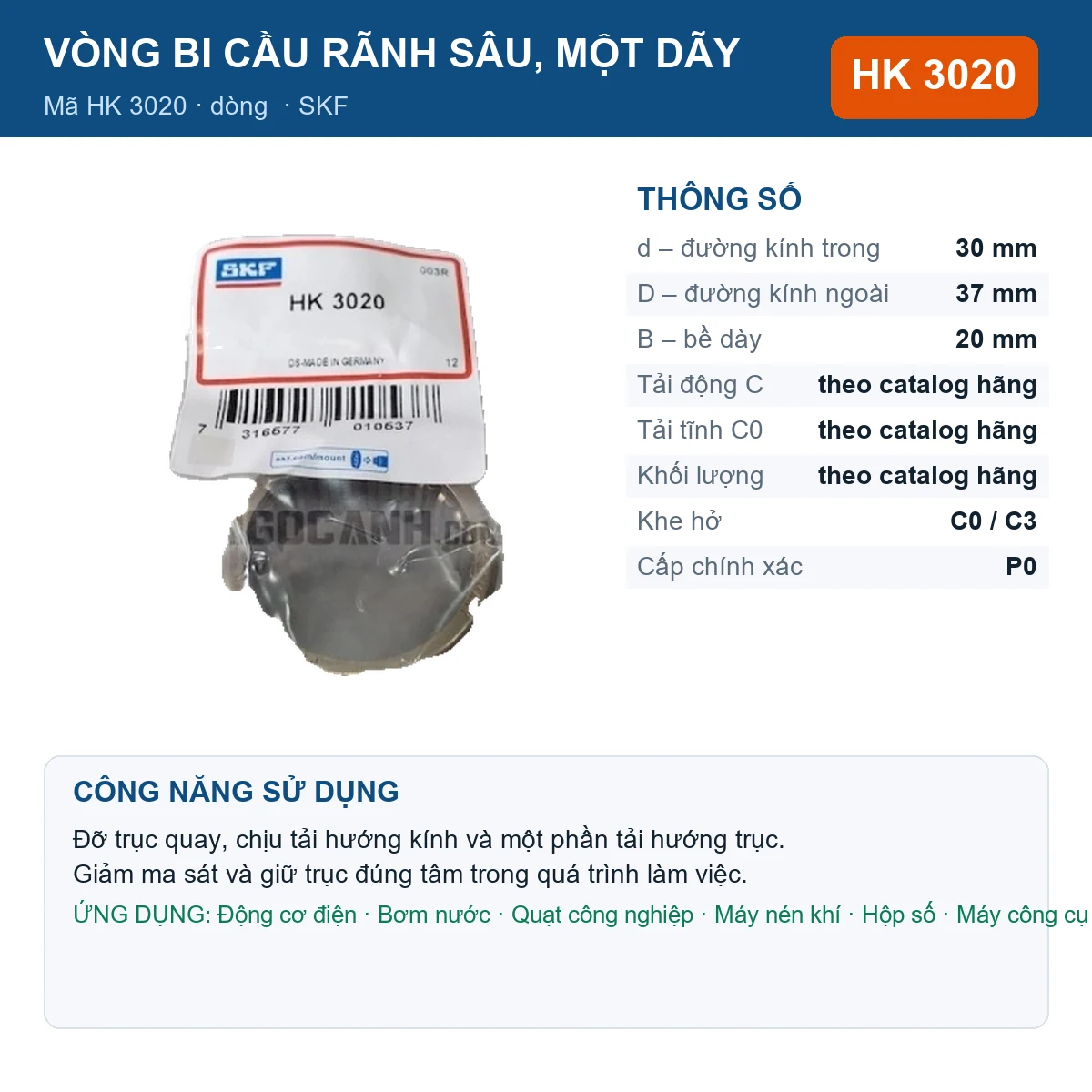 Vòng bi SKF HK 3020 — kích thước 30x37x20mm