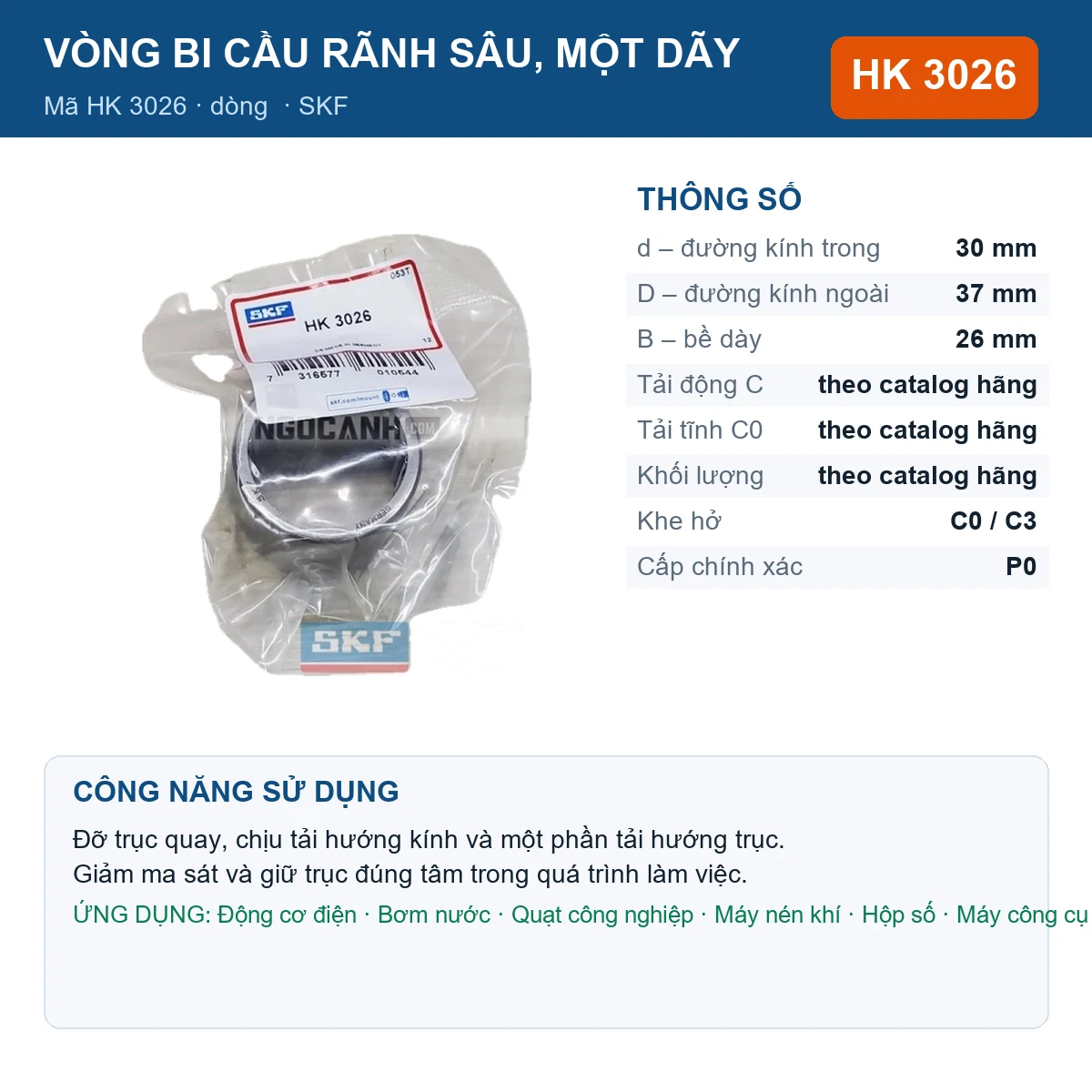 Vòng bi SKF HK 3026 30x37x26mm — Ảnh đăng sản phẩm (web)