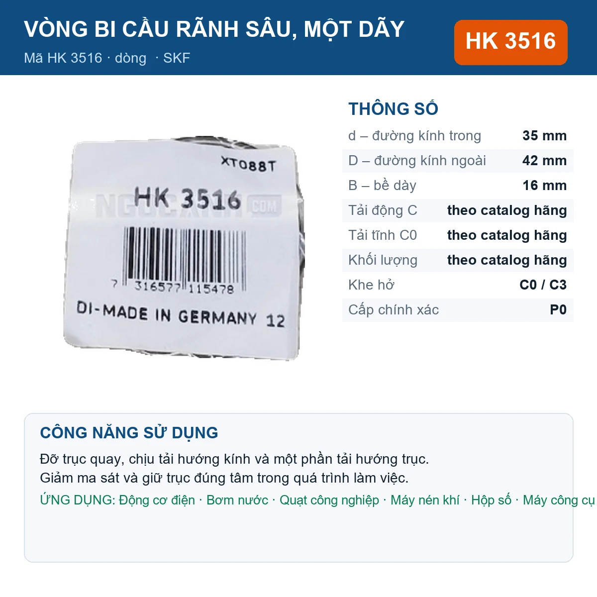Vòng bi SKF HK 3516 — kích thước 35x42x16mm