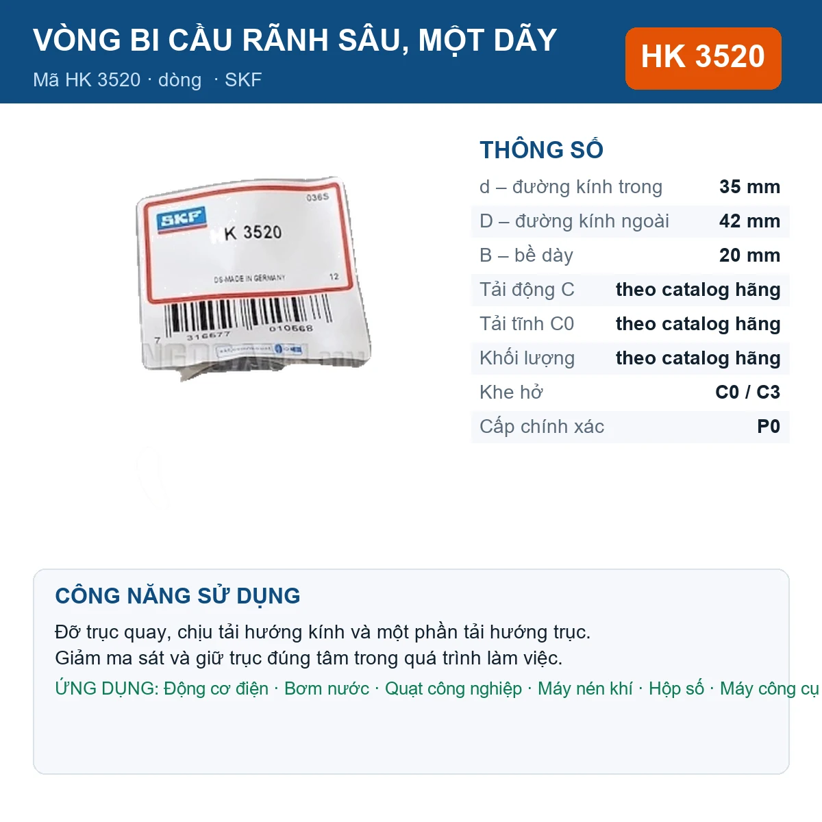 Vòng bi SKF HK 3520 35x42x20mm — Ảnh đăng sản phẩm (web)