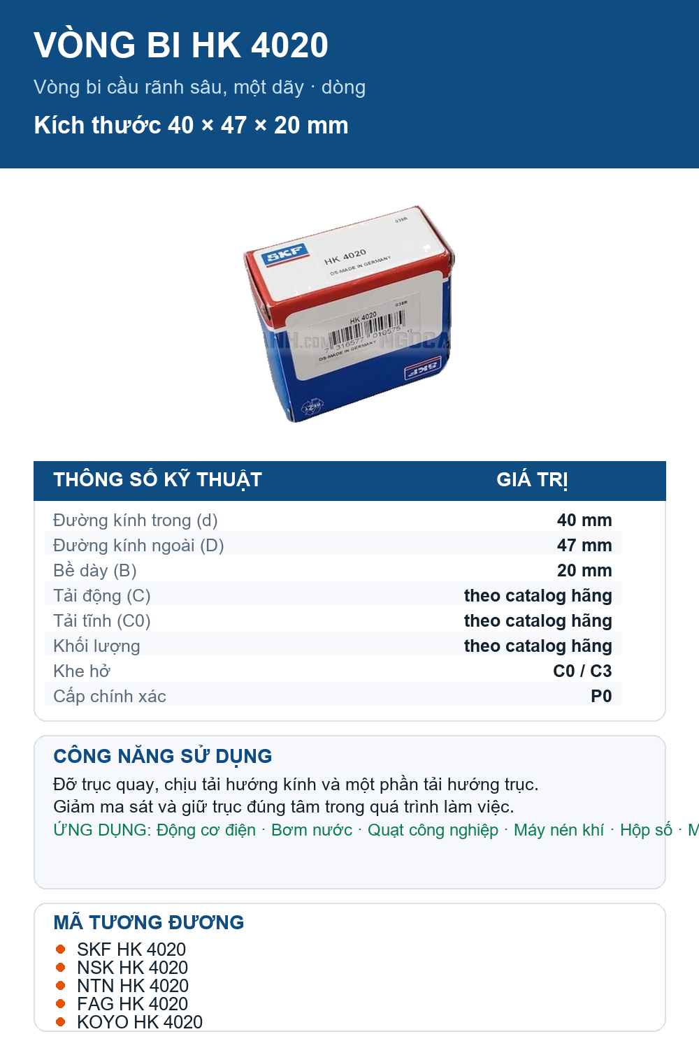 Vòng bi SKF HK 4020 40x47x20mm — Ảnh thông số (Pinterest)