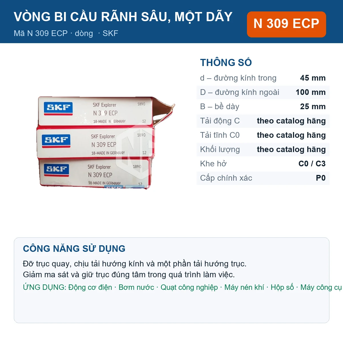 Vòng bi SKF N 309 ECP 45x100x25mm — Ảnh đăng sản phẩm (web)