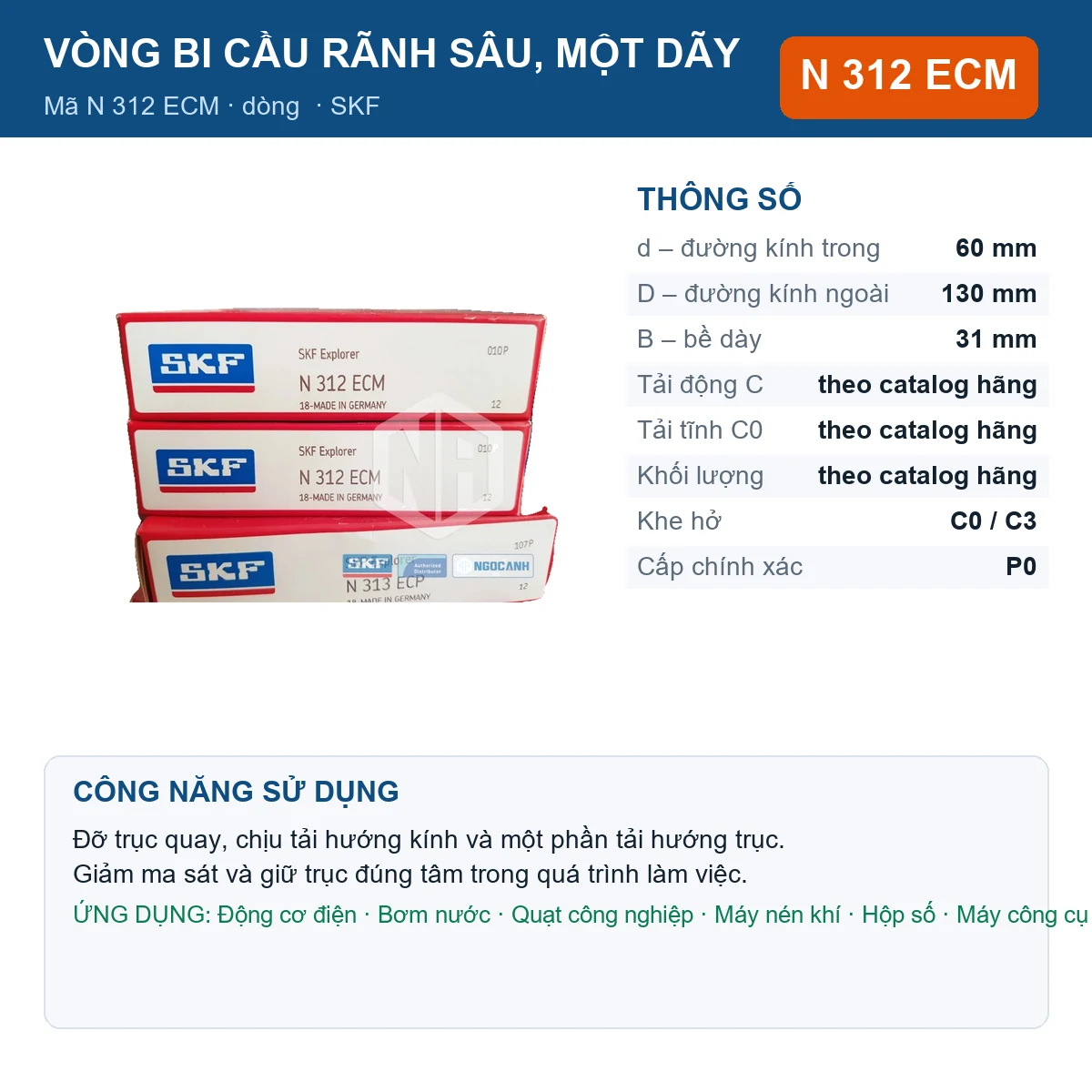 Vòng bi SKF N 312 ECM 60x130x31mm — Ảnh đăng sản phẩm (web)