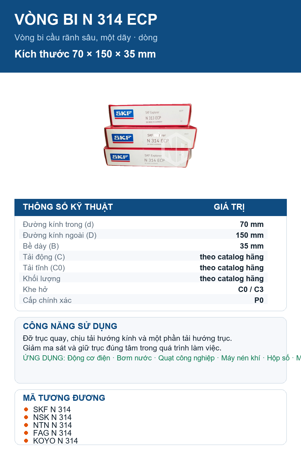 Vòng bi SKF N 314 ECP 70x150x35mm — Ảnh thông số (Pinterest)