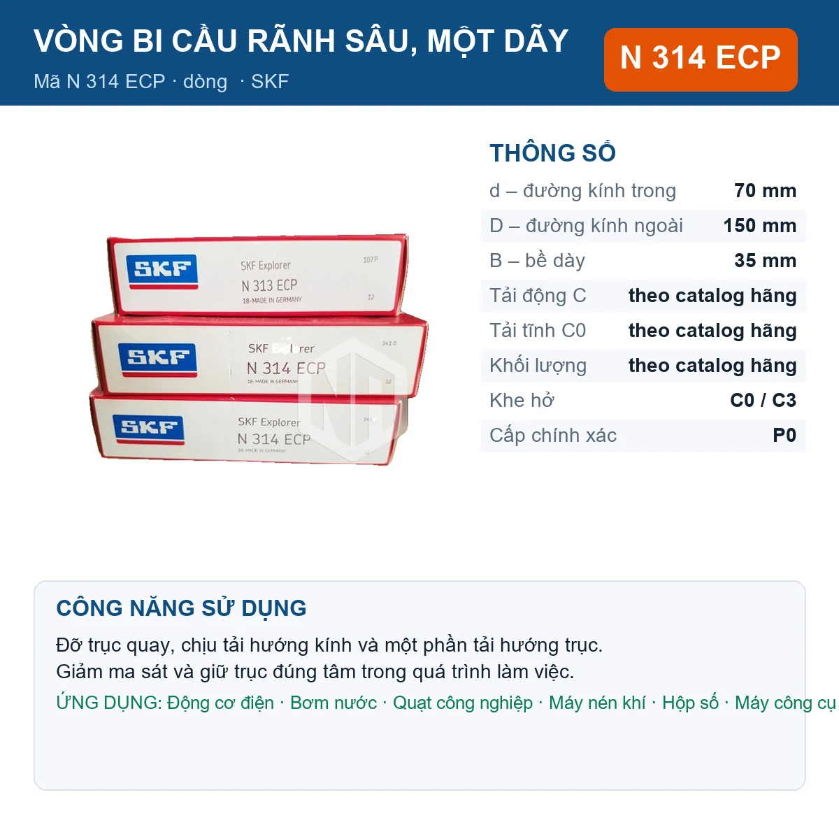 Vòng bi SKF N 314 ECP 70x150x35mm — Ảnh đăng sản phẩm (web)