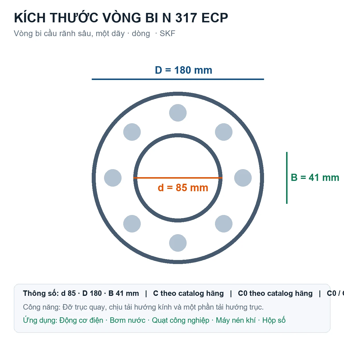 Vòng bi SKF N 317 ECP 85x180x41mm — Bản vẽ kích thước (Google Images)