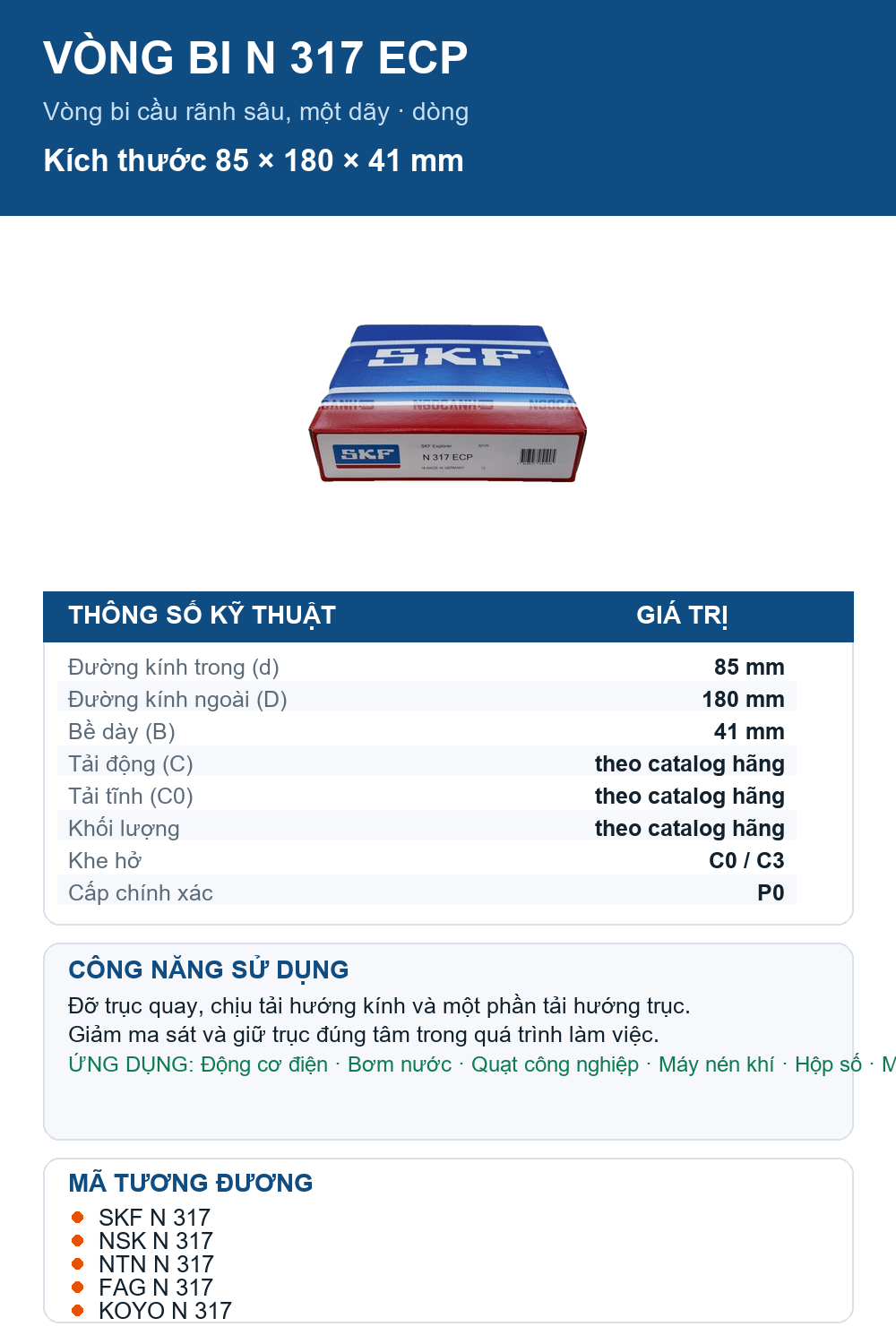 Vòng bi SKF N 317 ECP 85x180x41mm — Ảnh thông số (Pinterest)