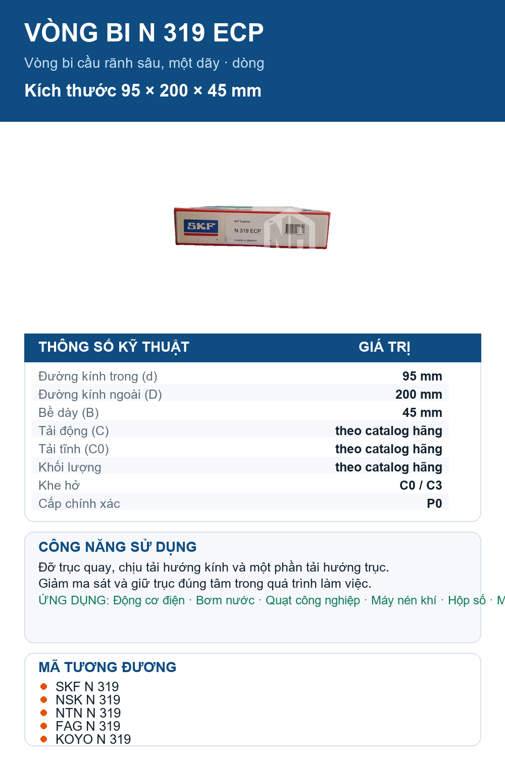Vòng bi SKF N 319 ECP 95x200x45mm — Ảnh thông số (Pinterest)