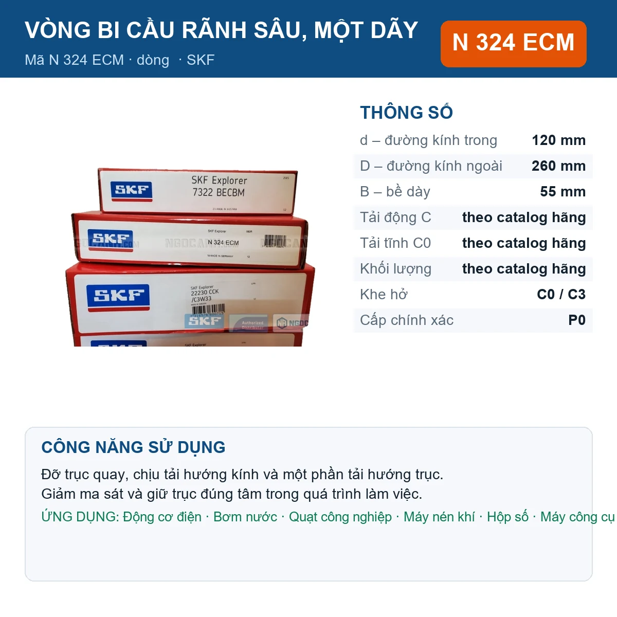 Vòng bi SKF N 324 ECM 120x260x55mm — Ảnh đăng sản phẩm (web)
