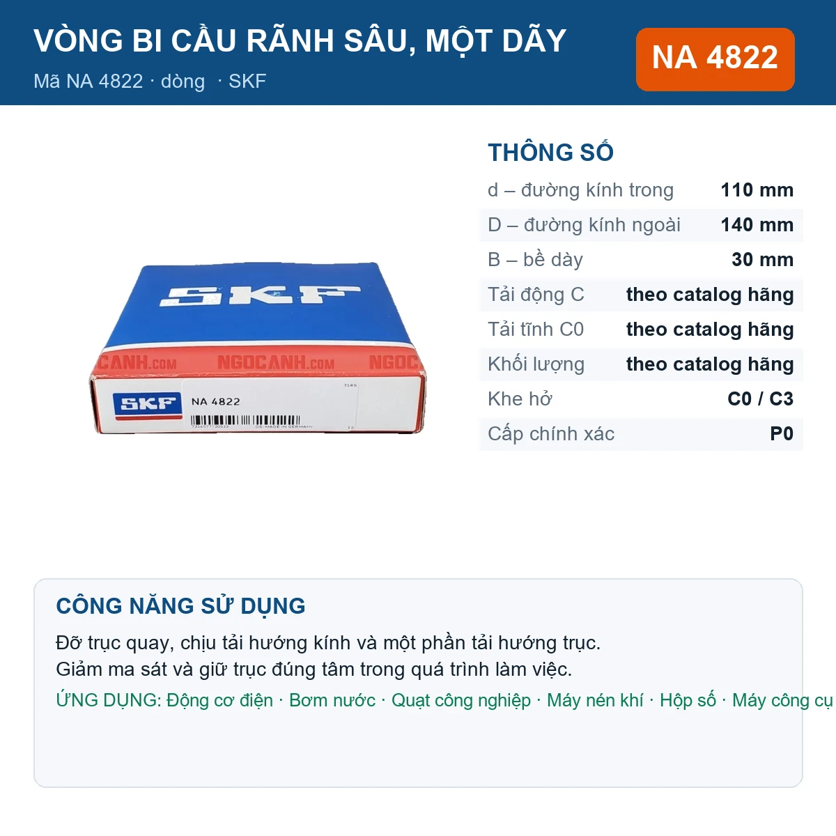 Vòng bi SKF NA 4822 — kích thước 110x140x30mm