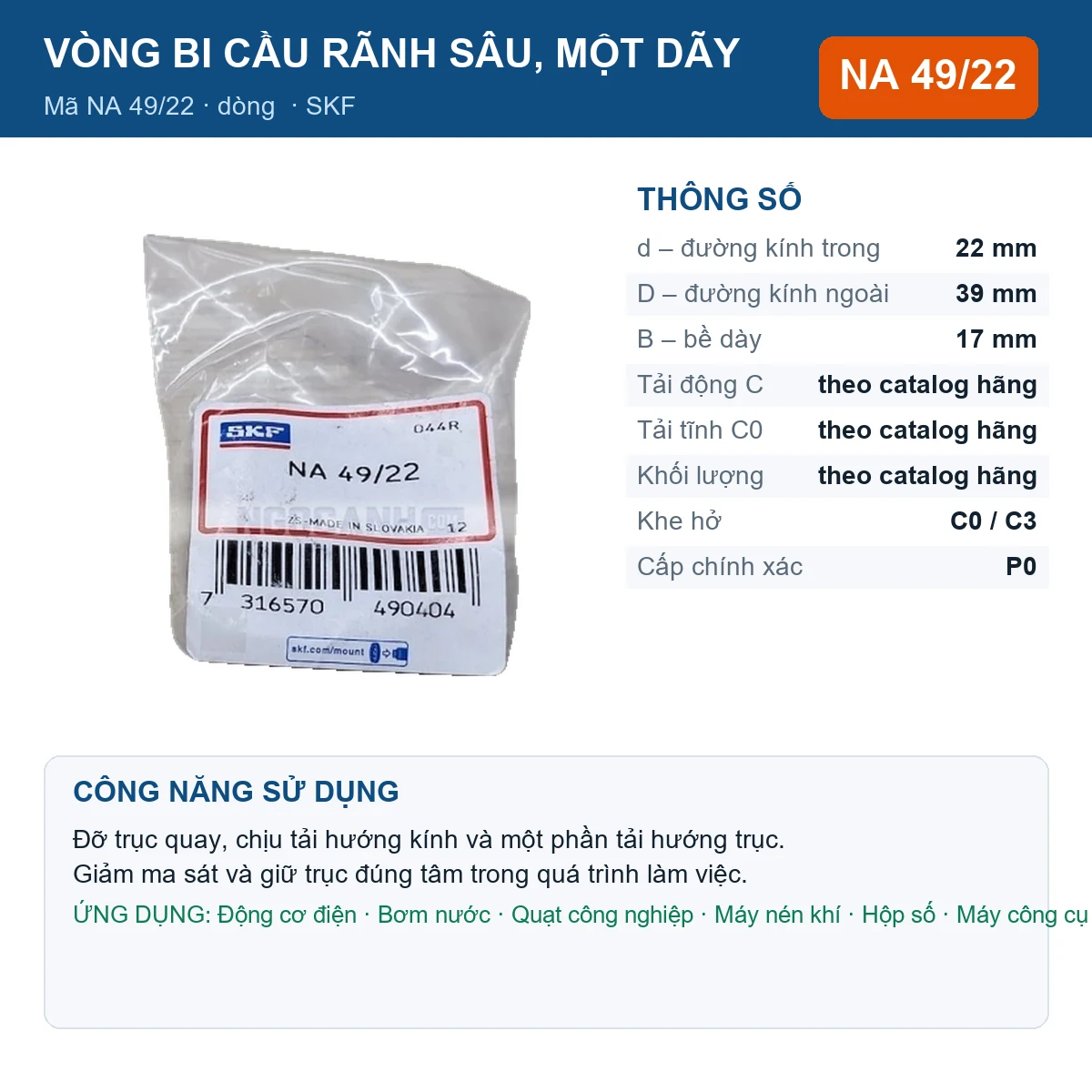 Vòng bi SKF NA 49/22 22x39x17mm — Ảnh đăng sản phẩm (web)