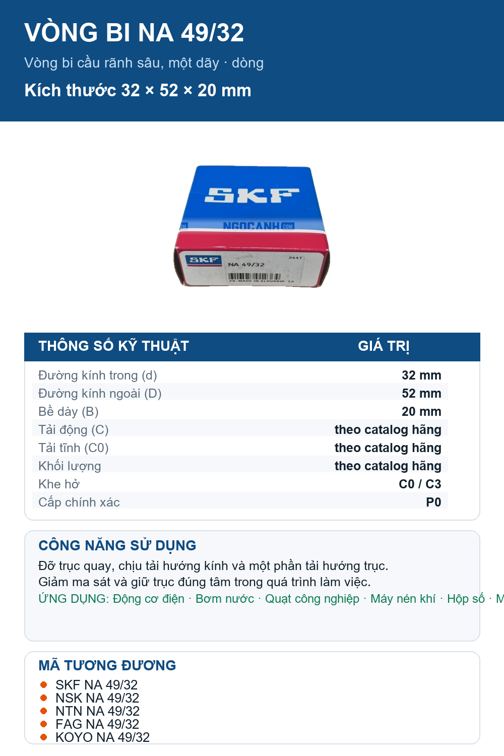 Vòng bi SKF NA 49/32 32x52x20mm — Ảnh thông số (Pinterest)