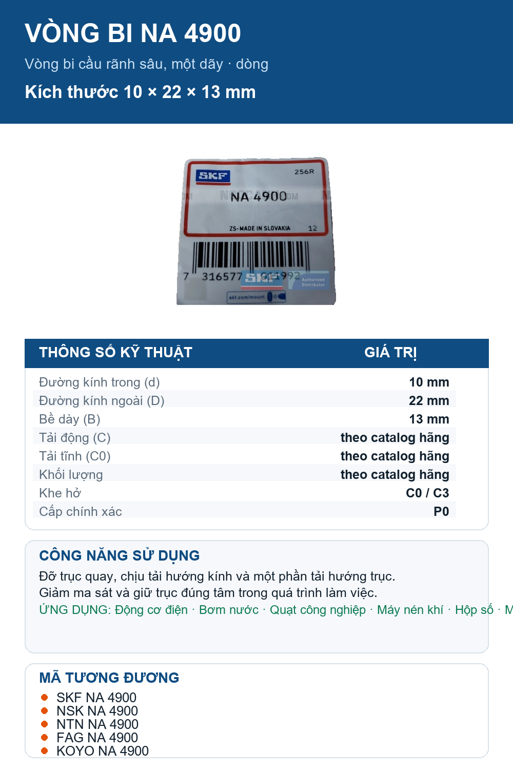 Vòng bi SKF NA 4900 10x22x13mm — Ảnh thông số (Pinterest)