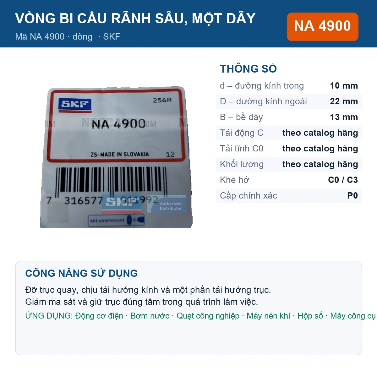 Vòng bi SKF NA 4900 — kích thước 10x22x13mm