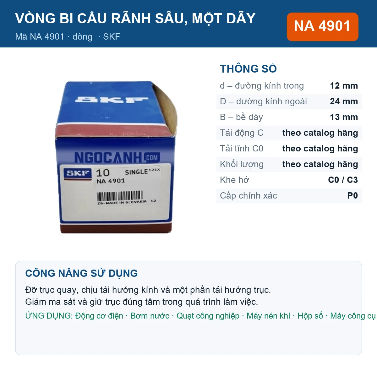 Vòng bi SKF NA 4901 — kích thước 12x24x13mm