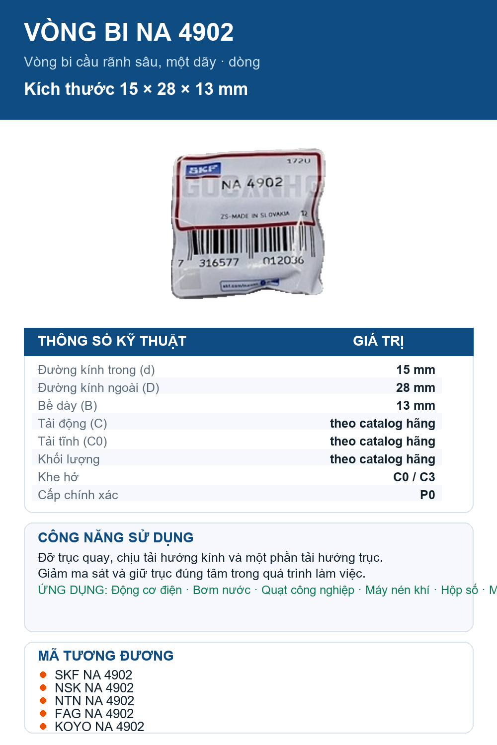 Vòng bi SKF NA 4902 15x28x13mm — Ảnh thông số (Pinterest)