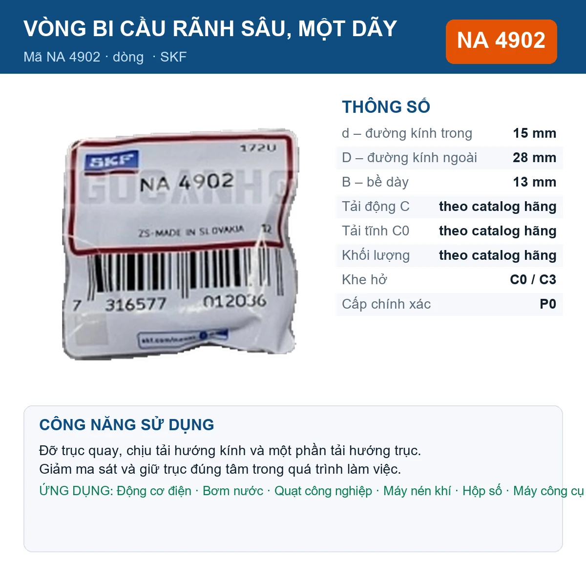 Vòng bi SKF NA 4902 — kích thước 15x28x13mm