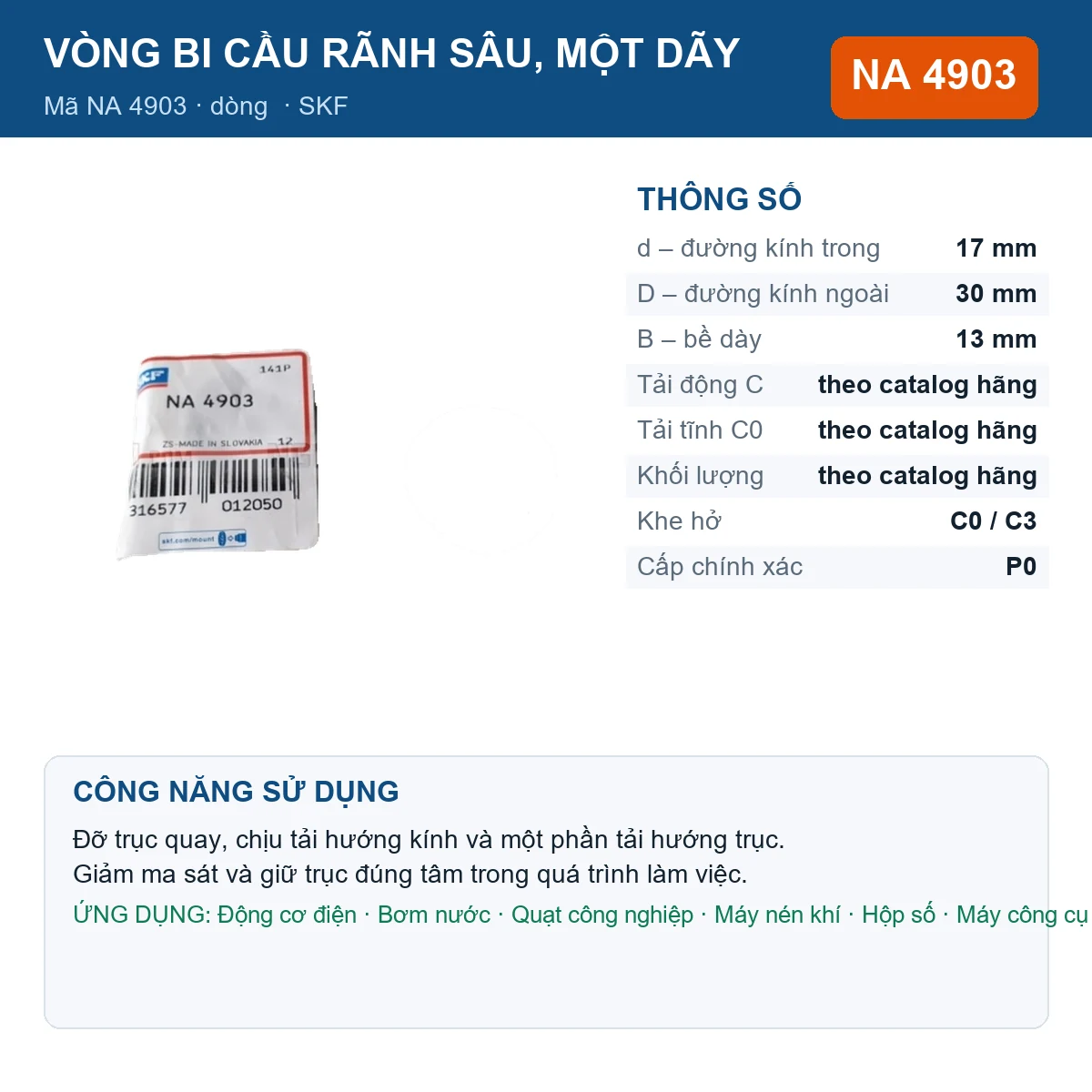 Vòng bi SKF NA 4903 — kích thước 17x30x13mm