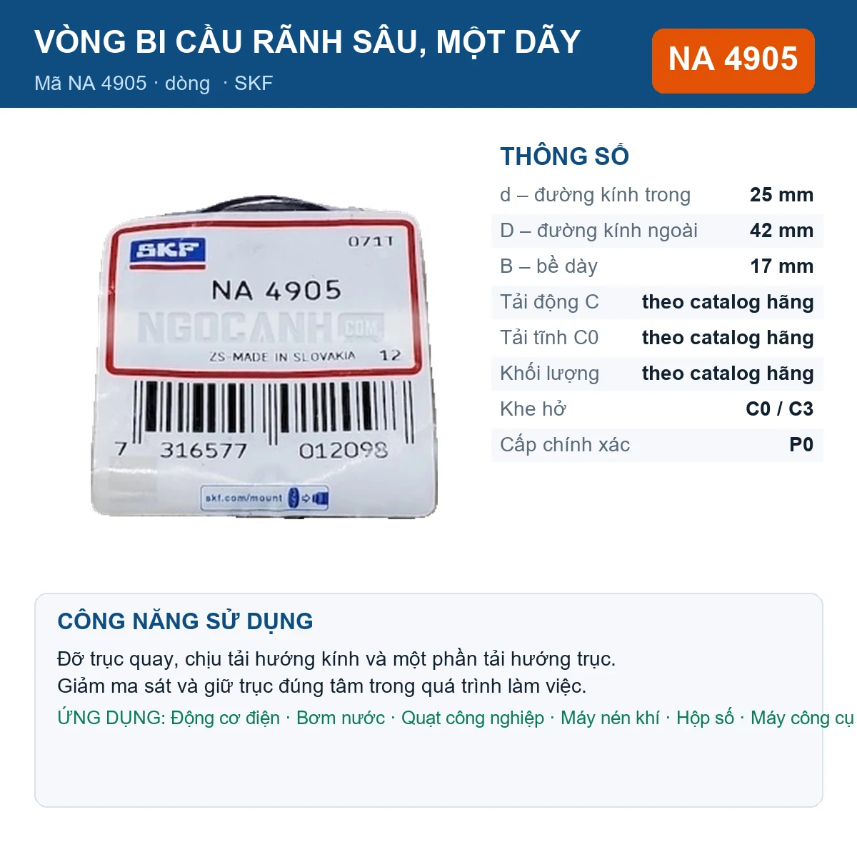 Vòng bi SKF NA 4905 — kích thước 25x42x17mm