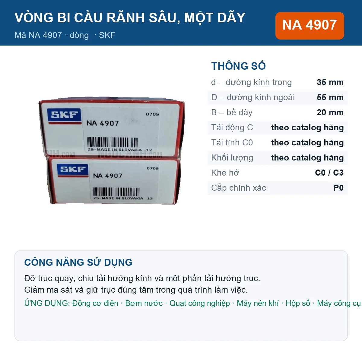 Vòng bi SKF NA 4907 — kích thước 35x55x20mm