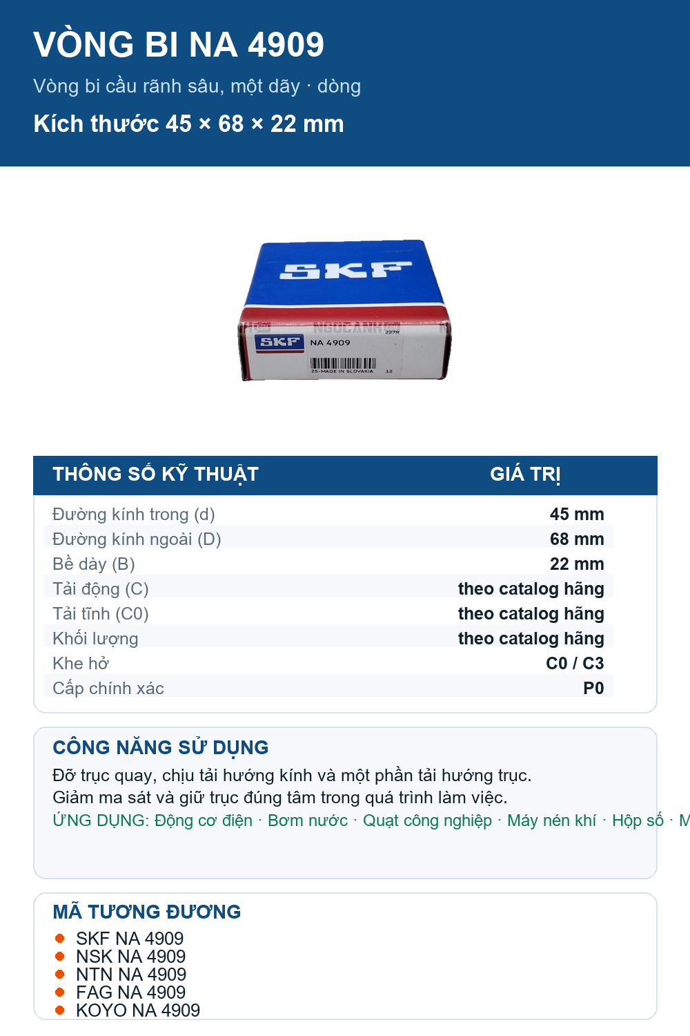 Vòng bi SKF NA 4909 45x68x22mm — Ảnh thông số (Pinterest)