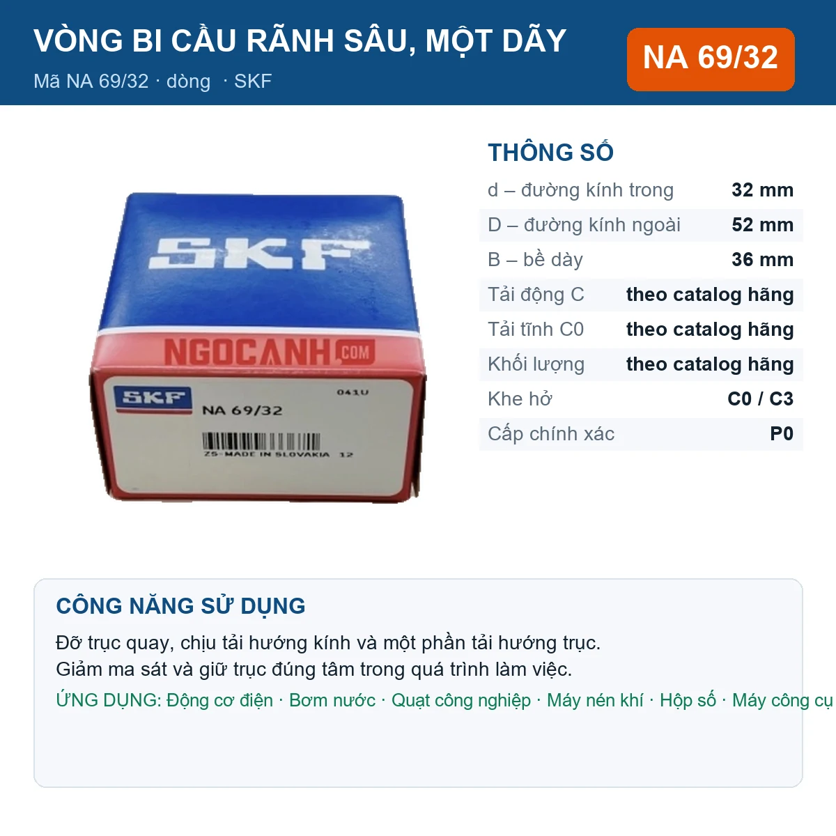 Vòng bi SKF NA 69/32 32x52x36mm — Ảnh đăng sản phẩm (web)