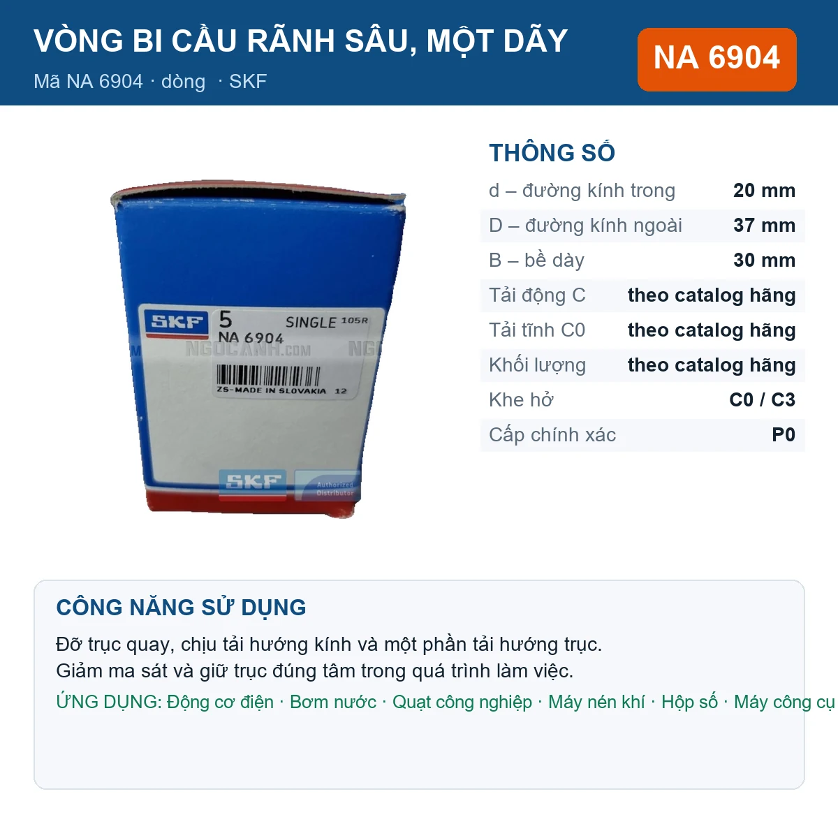 Vòng bi SKF NA 6904 — kích thước 20x37x30mm