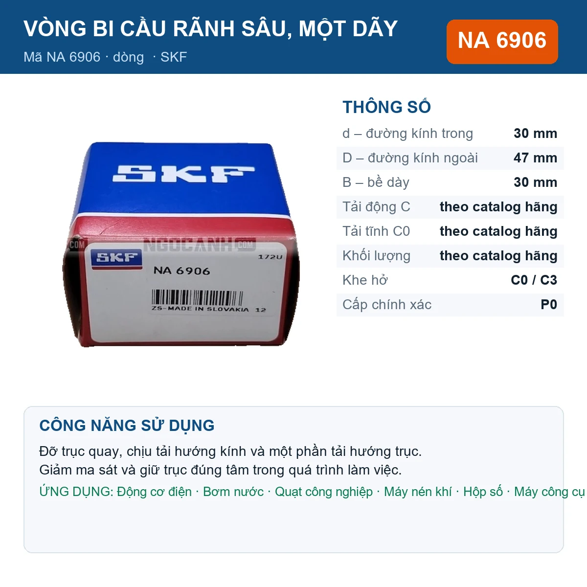 Vòng bi SKF NA 6906 — kích thước 30x47x30mm