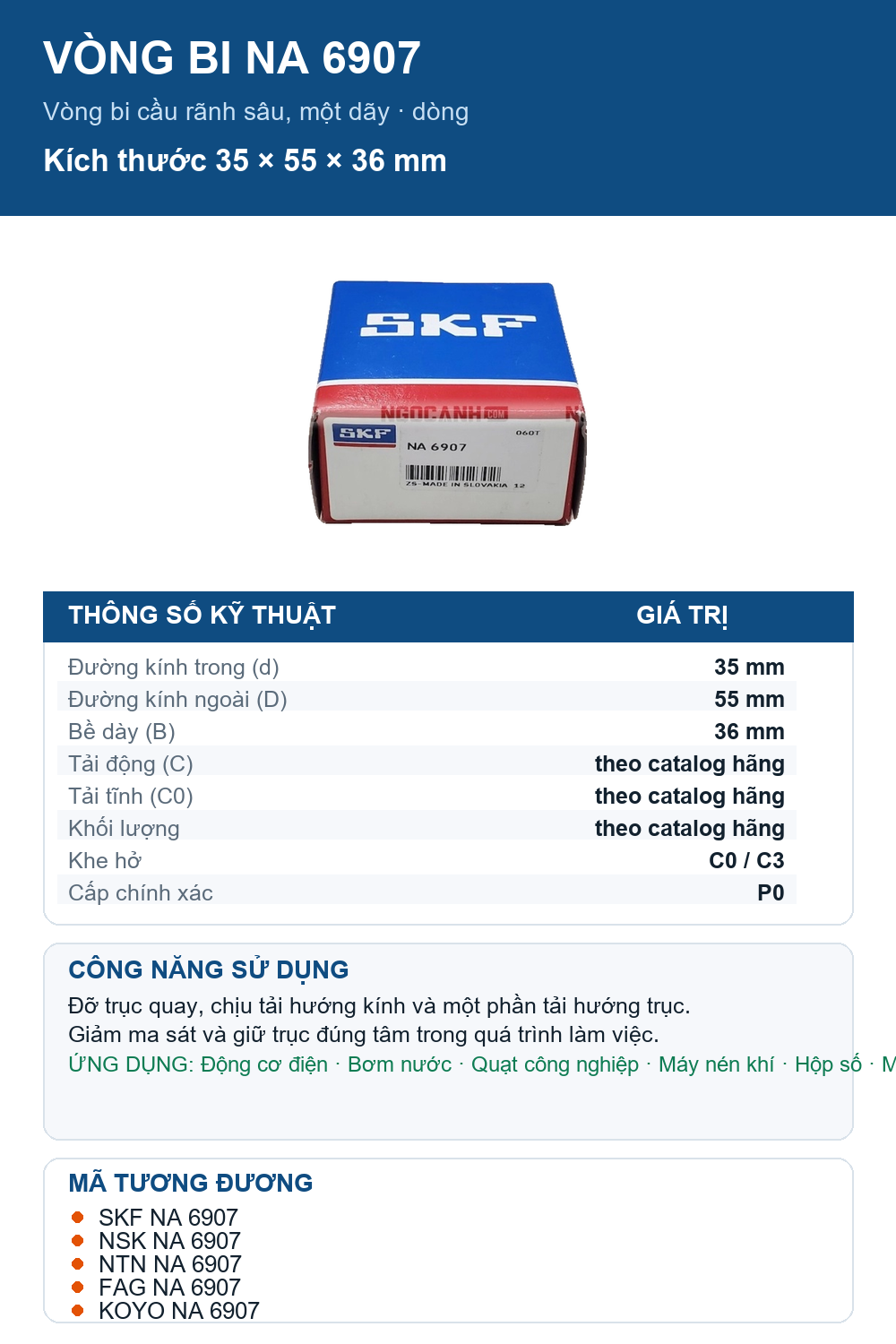 Vòng bi SKF NA 6907 35x55x36mm — Ảnh thông số (Pinterest)