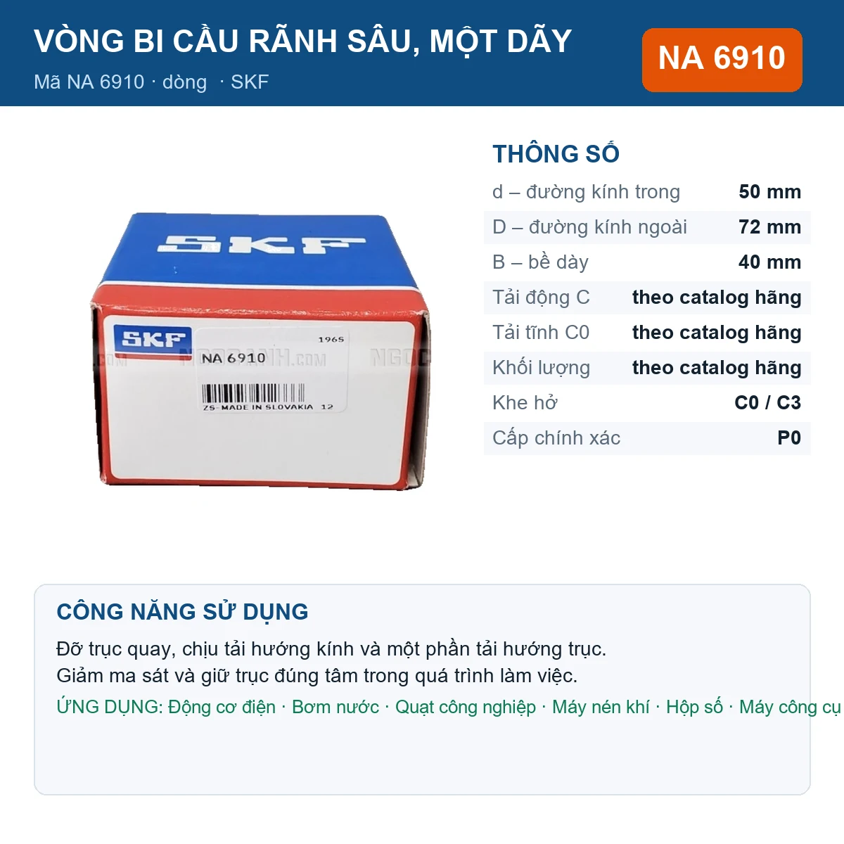 Vòng bi SKF NA 6910 — kích thước 50x72x40mm